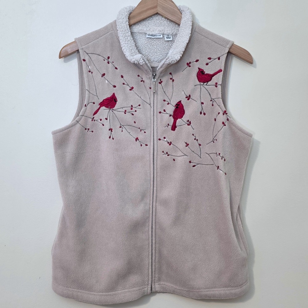 Croft & Barrow Embroidered Cardinal Fleece Vest‎ Sz M Bird Granny Cottagecore